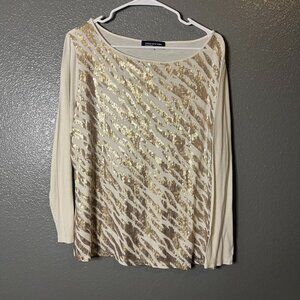 Jones New York Ivory Sequin Animal Print Long Sleeve Top - Size L